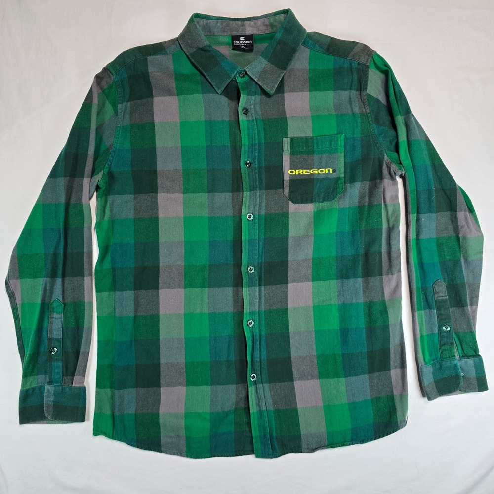 Colosseum Oregon Ducks Mens XL Flannel Shirt Green Grey Plaid Long Sleeve Cotton